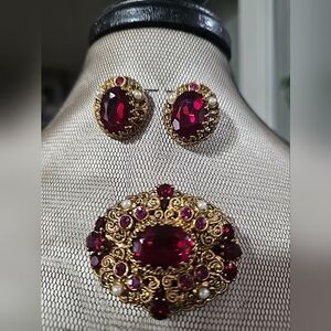 Vintage W Germany Signed Ruby Red Crystal Brooch Filigree Earrings Set.
